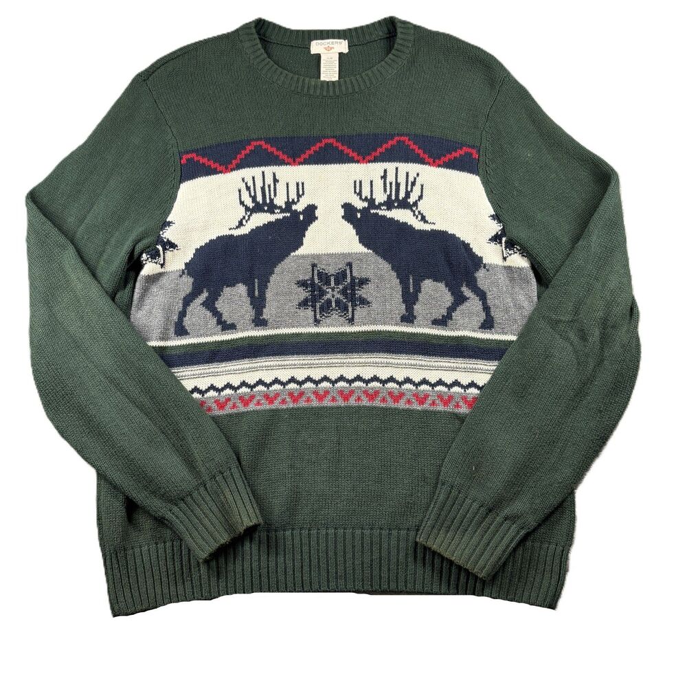 Dockers Men Sweater Vintage Y2K Moose Fair Isle Knit Holiday Green Small Q199